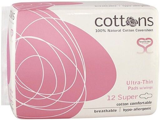 Cottons Organic Super Ultrafine Compress W/Wings 100% Cotton 12 Units